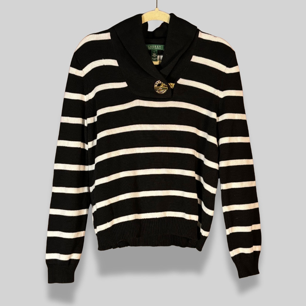 Lauren Ralph Lauren Black and White Striped Cowl Neck Sweater